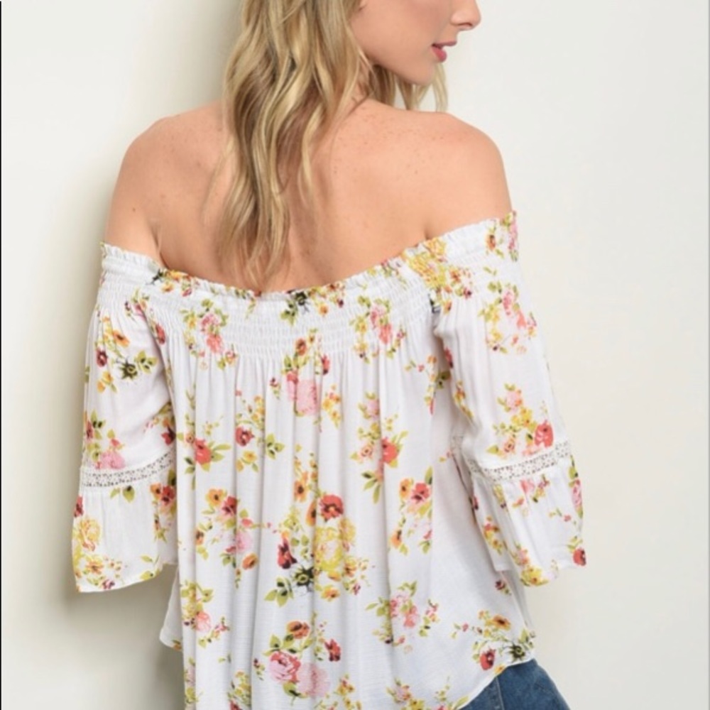 π 5 for $25 π Ivory Floral 3/4 Sleeve Off the Shoulder Top - Picture 3 of 3